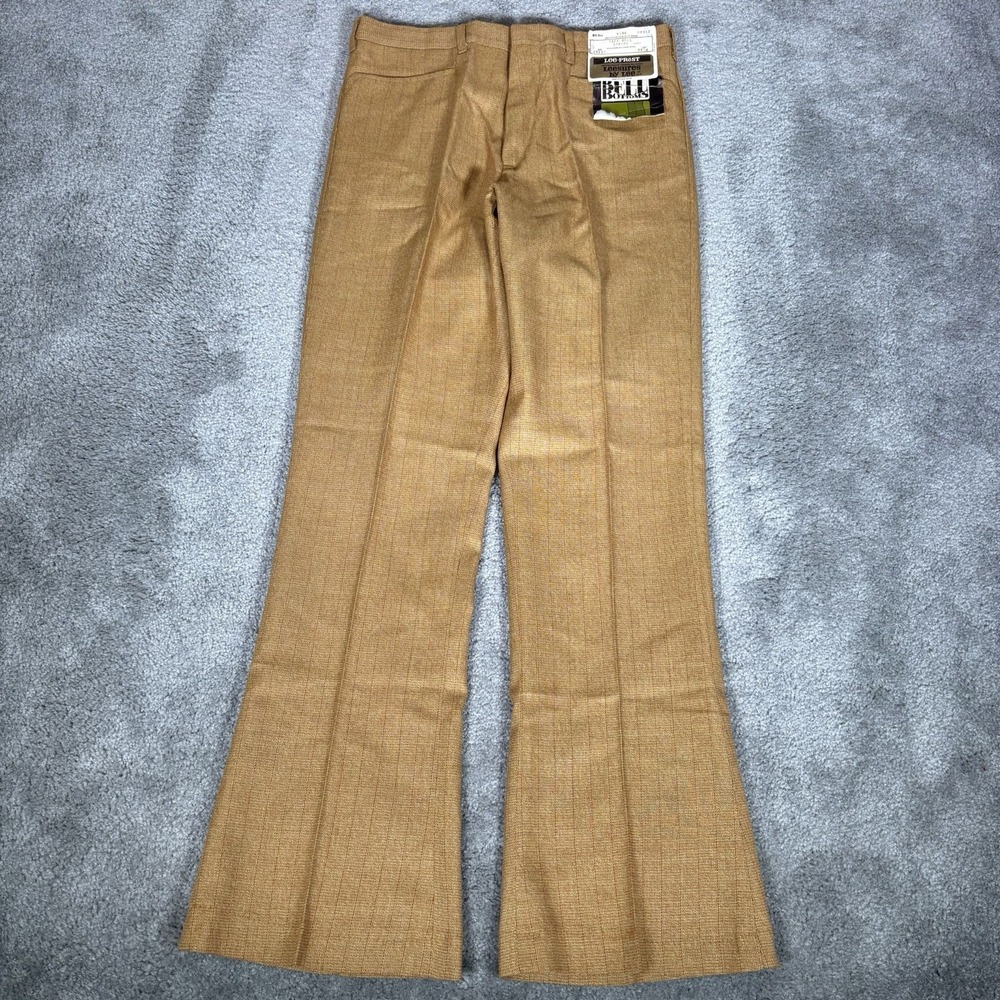 Vintage 70s Lee Bell Bottom Pants Mens 29x30 Tan Flare Tack Bell Stripe USA NWT
